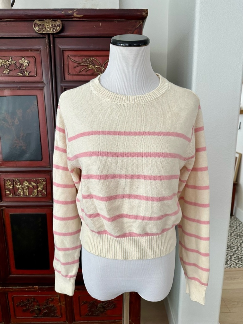 Melrose and Market Cream Sweater with Pink Stripes Size S